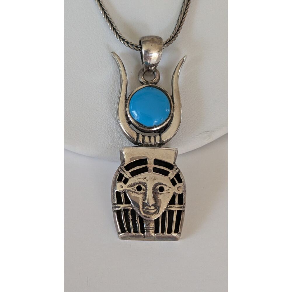 925 Sterling Silver Egyptian Pendant Necklace Blue Round Stone 23in Rope Chain